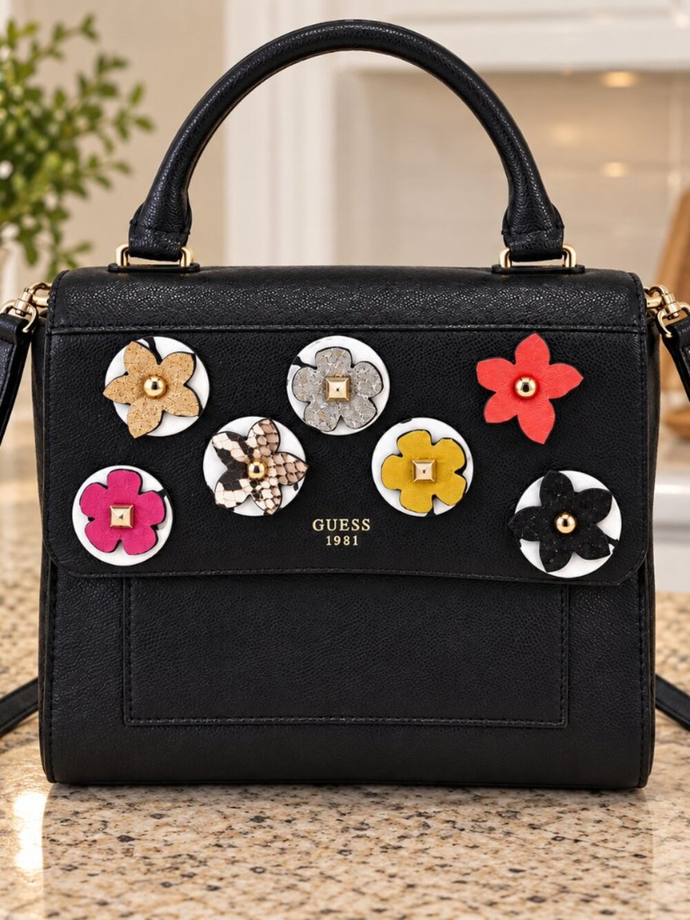GUESS 1981 Black Floral Appliqué Satchel Crossbody Bag